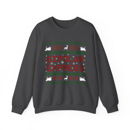 Bipolar Express Sweatshirt featuring festive graphics and playful design in black crewneck style.