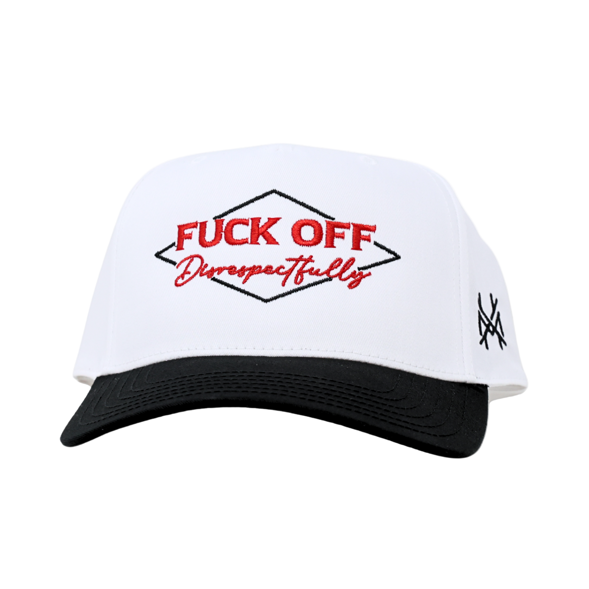White cap with black brim and red text on a white background