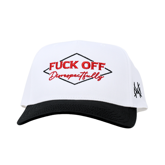 White cap with black brim and red text on a white background
