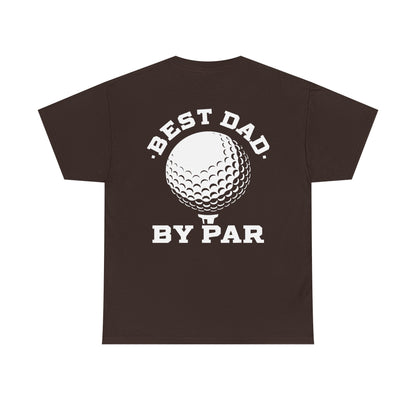 Best Dad By Par Golf Shirt displayed on a brown tee featuring a golf ball graphic and playful text.