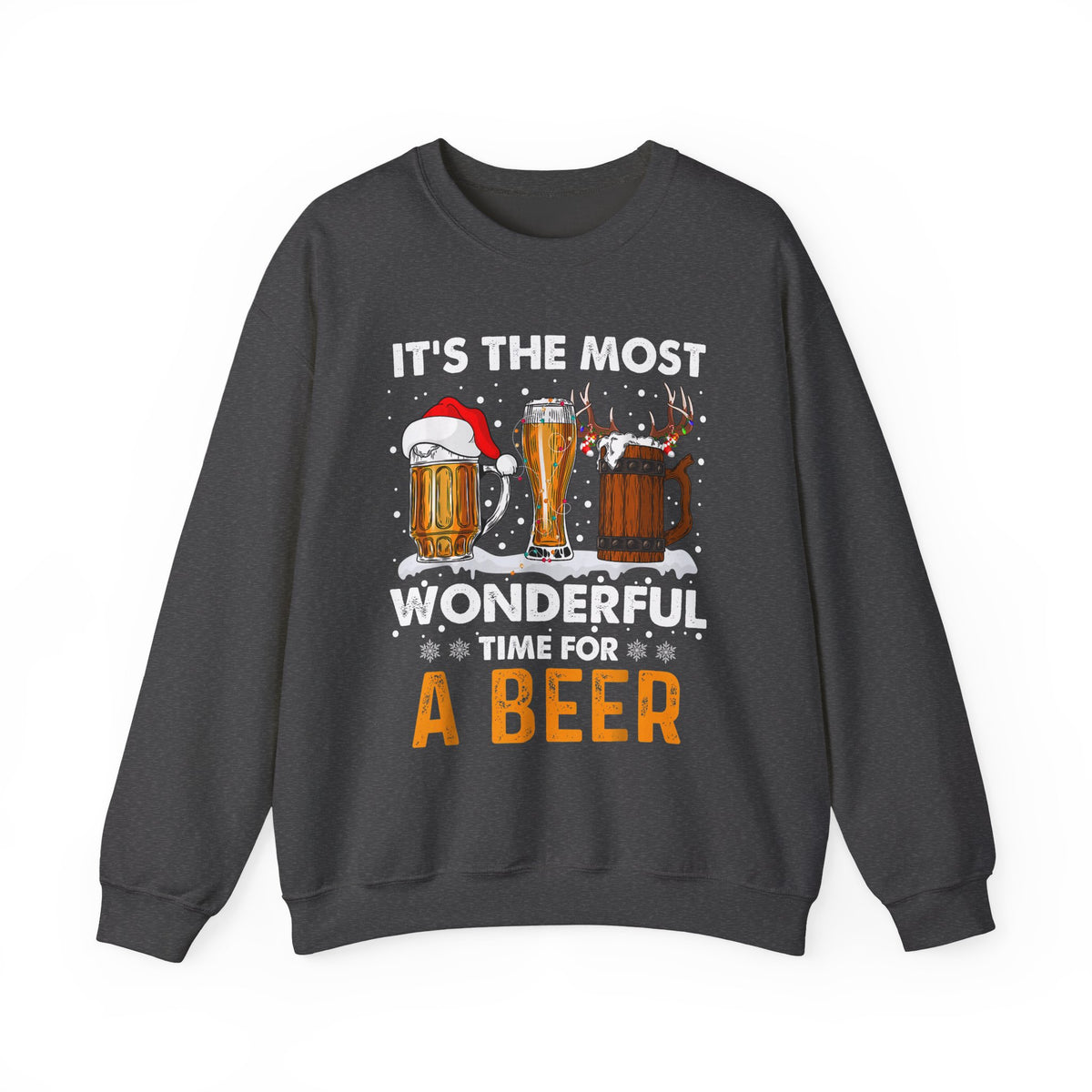 It's The Most Wonderful Time For A Beer Sweatshirt featuring festive beer designs on a black crewneck.