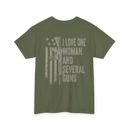 I Love One Woman and Several Guns Shirt featuring a patriotic design and bold lettering in olive green.