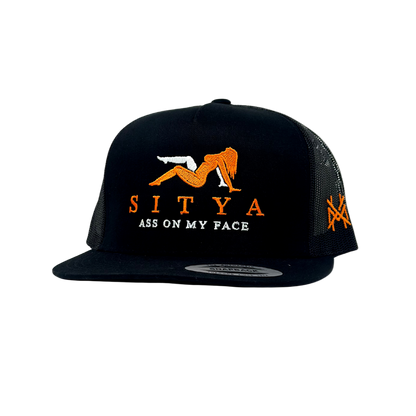 Black cap with orange and white graphic and text on a white background
