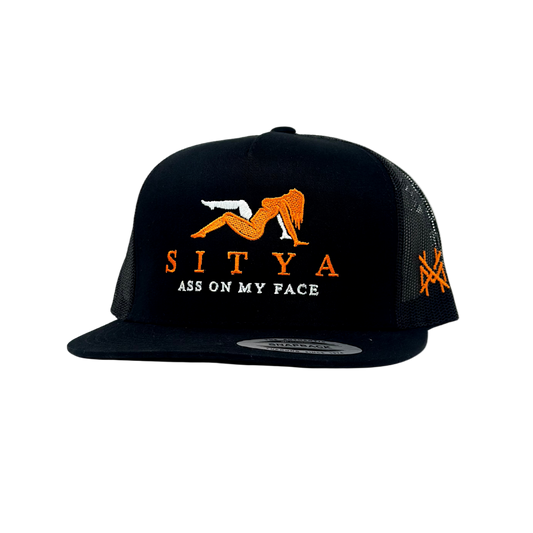 Black cap with orange and white graphic and text on a white background