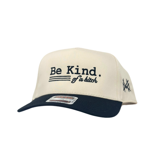 Cap with 'Be Kind. Be a bitch' text on a white background