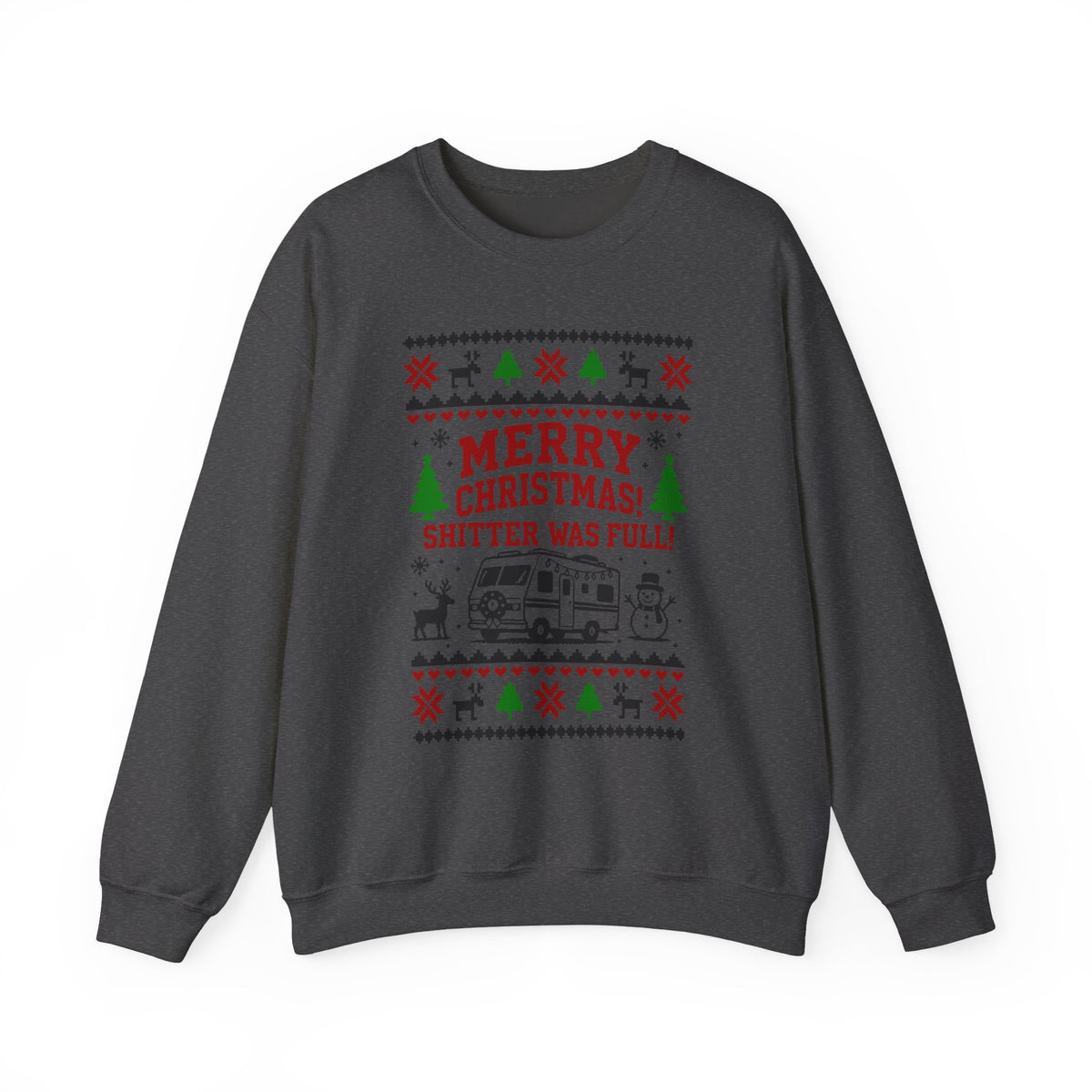 Merry Christmas Shitter Was Full Sweatshirt with vintage RV, snowman, and festive designs.