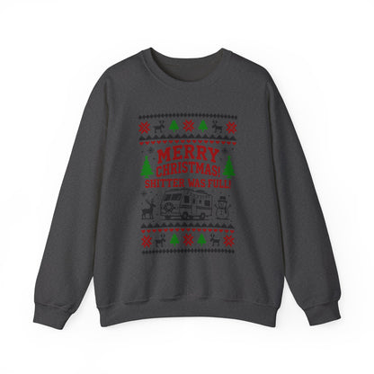 Merry Christmas Shitter Was Full Sweatshirt with vintage RV, snowman, and festive designs.