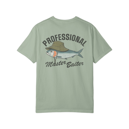 Light green t-shirt with fish graphic and text on a white background