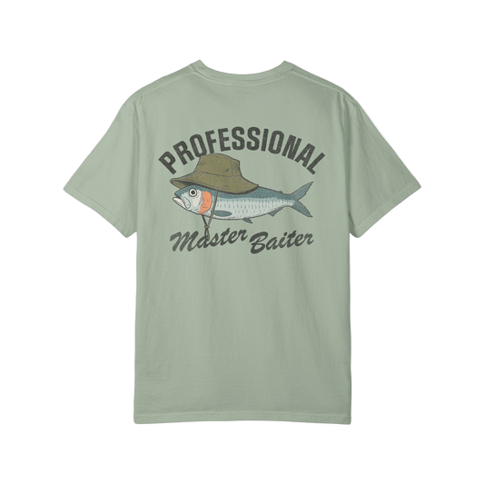 Light green t-shirt with fish graphic and text on a white background