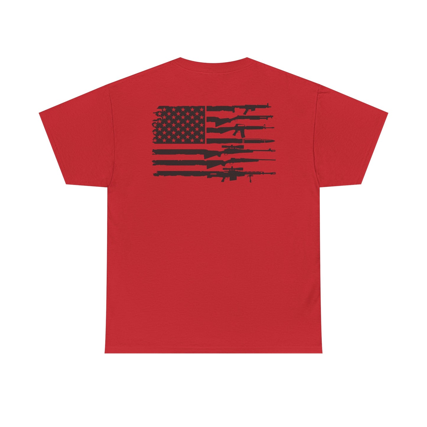 American Flag Gun Shirt featuring a bold USA flag and firearm silhouette design on a red t-shirt.