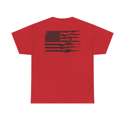 American Flag Gun Shirt featuring a bold USA flag and firearm silhouette design on a red t-shirt.