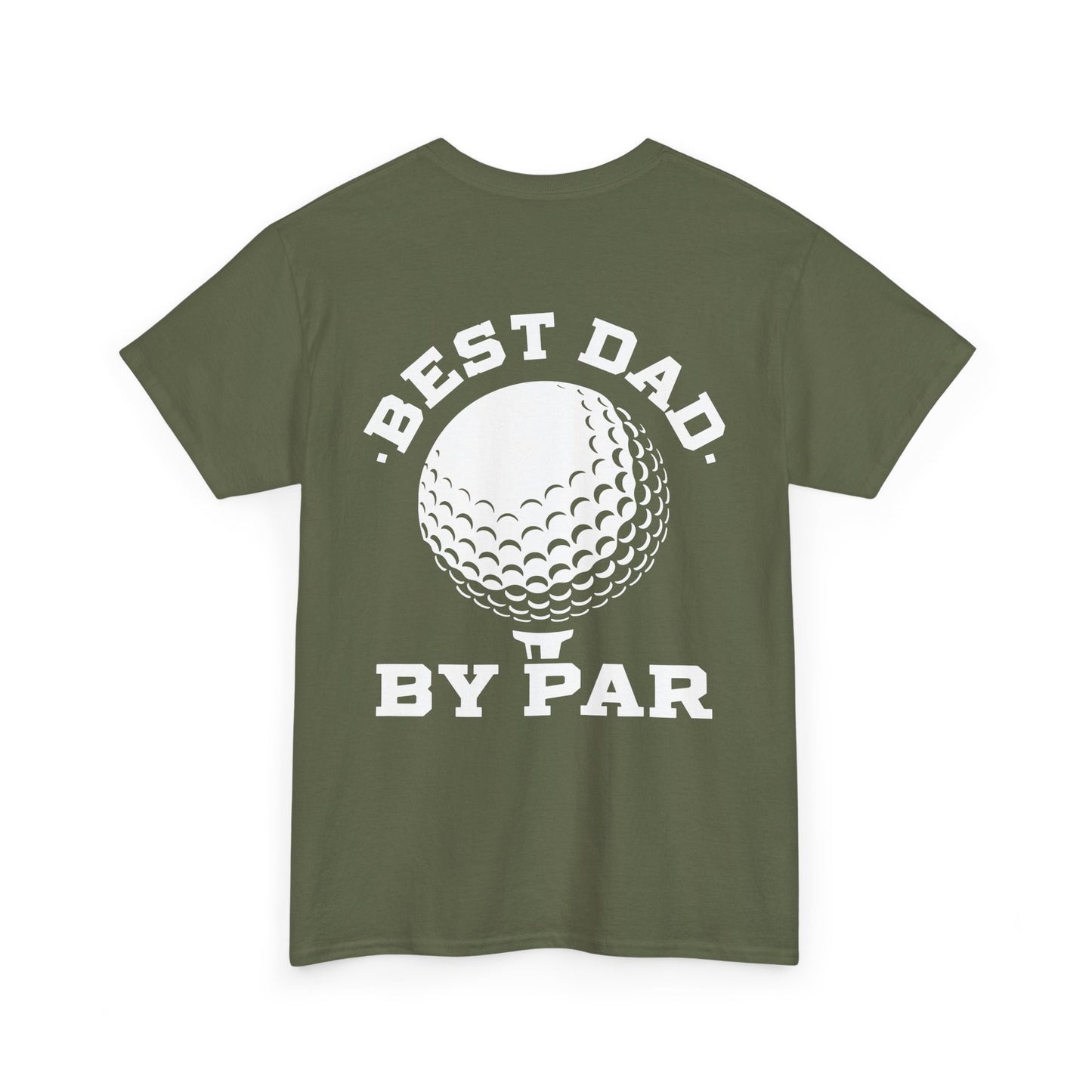 Back view of Best Dad By Par Golf Shirt with golf ball graphic and playful text.