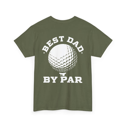 Back view of Best Dad By Par Golf Shirt with golf ball graphic and playful text.