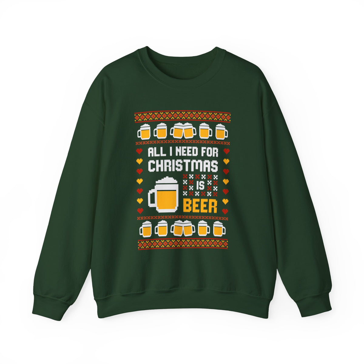 All I Need For Christmas Is Beer Sweatshirt featuring festive design with beer mugs and hearts.