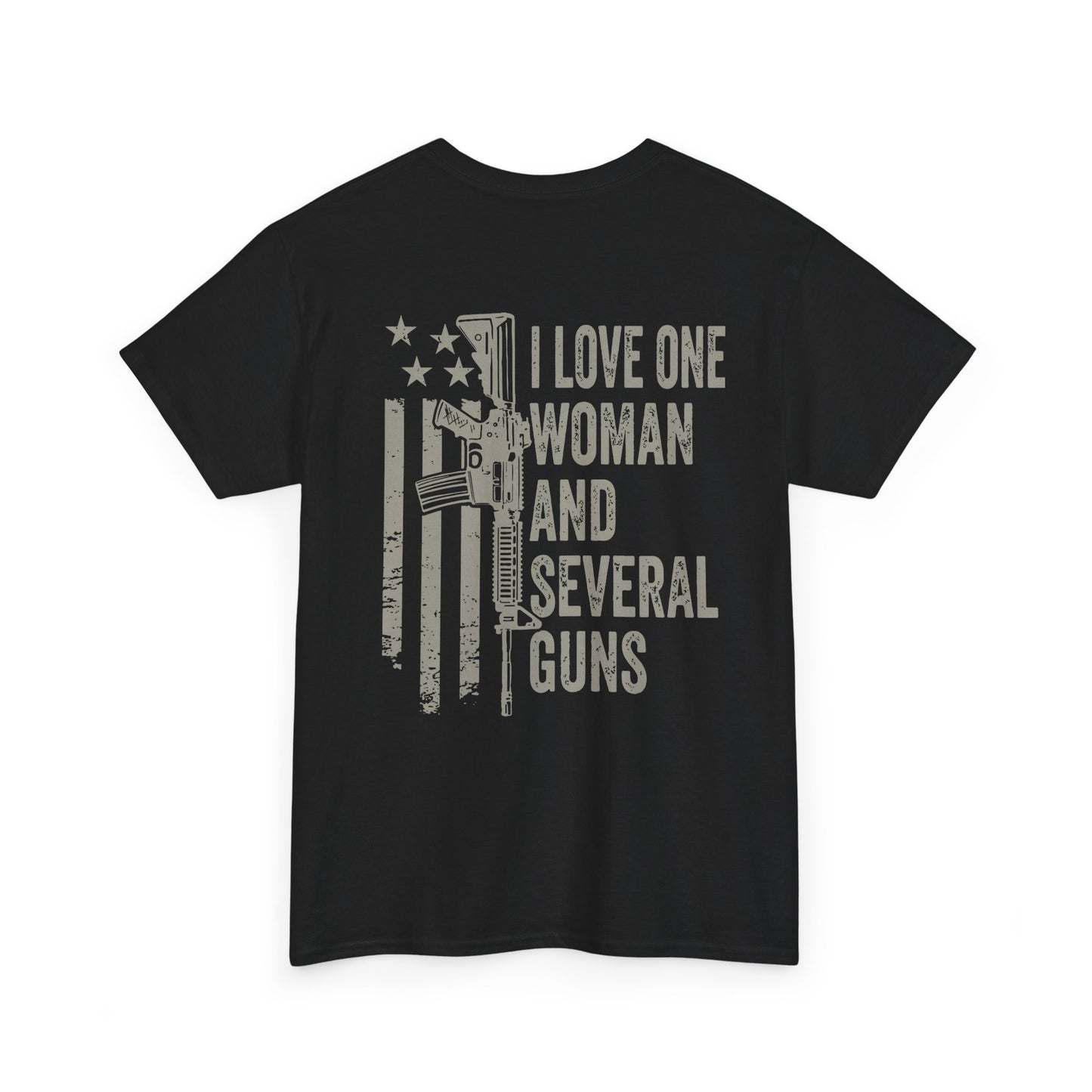I Love One Woman and Several Guns Shirt featuring American flag design, perfect for gun enthusiasts and Second Amendment supporters.