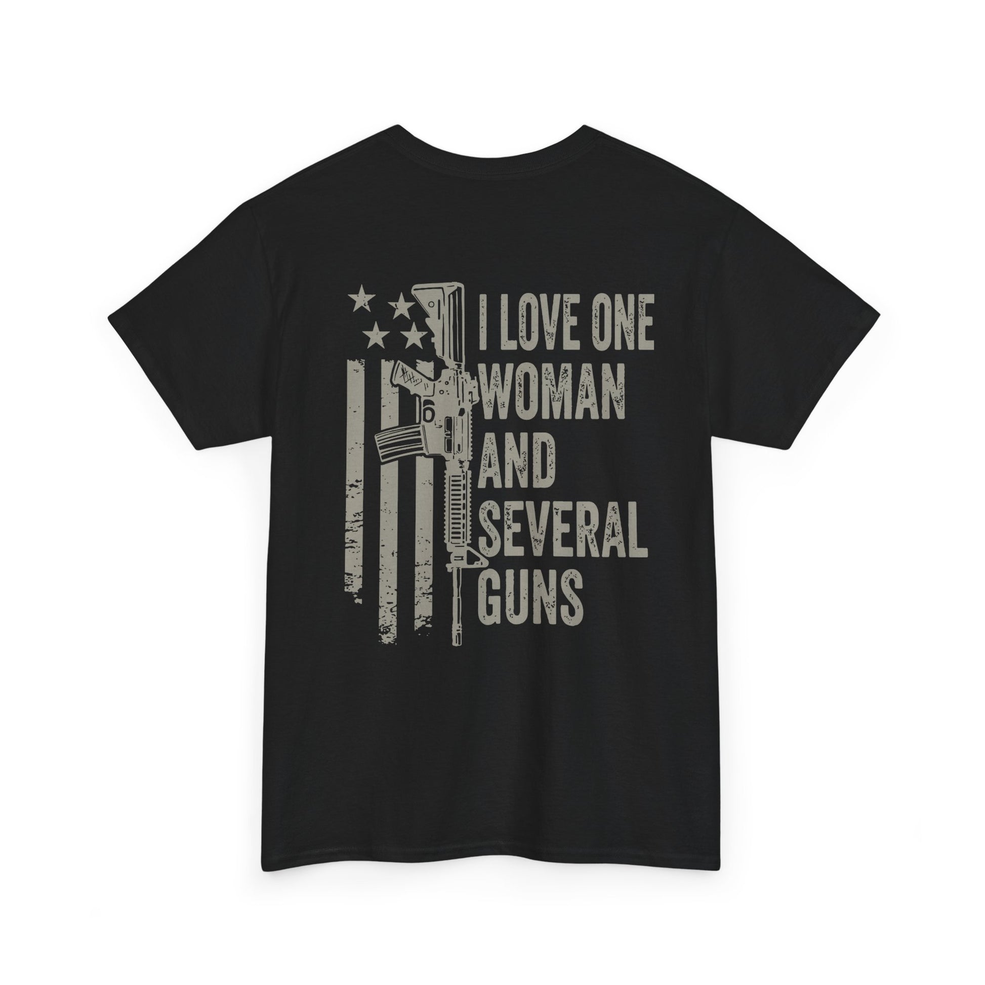 I Love One Woman and Several Guns Shirt featuring American flag design, perfect for gun enthusiasts and Second Amendment supporters.