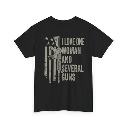 I Love One Woman and Several Guns Shirt featuring American flag design, perfect for gun enthusiasts and Second Amendment supporters.