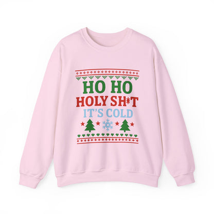 Ho Ho Holy Sht It's Cold Sweatshirt featuring Christmas-themed design on a pink crewneck sweater.