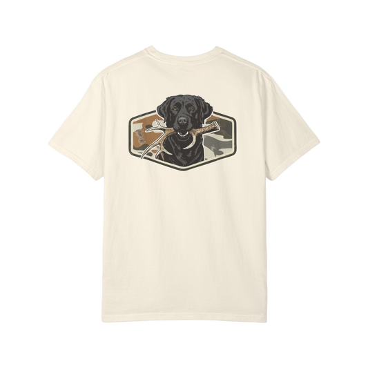 Beige t-shirt with a black dog graphic on the back against a white background