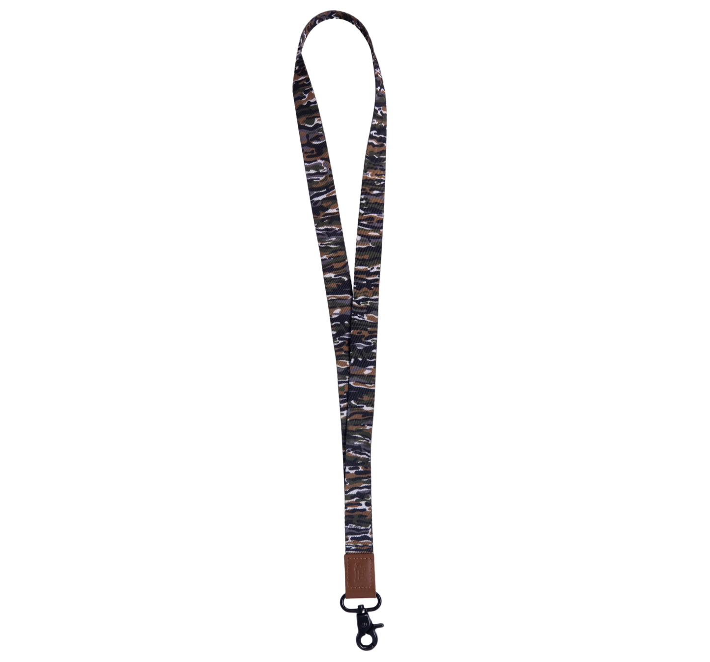 Camouflage patterned lanyard with a brown strap on a white background