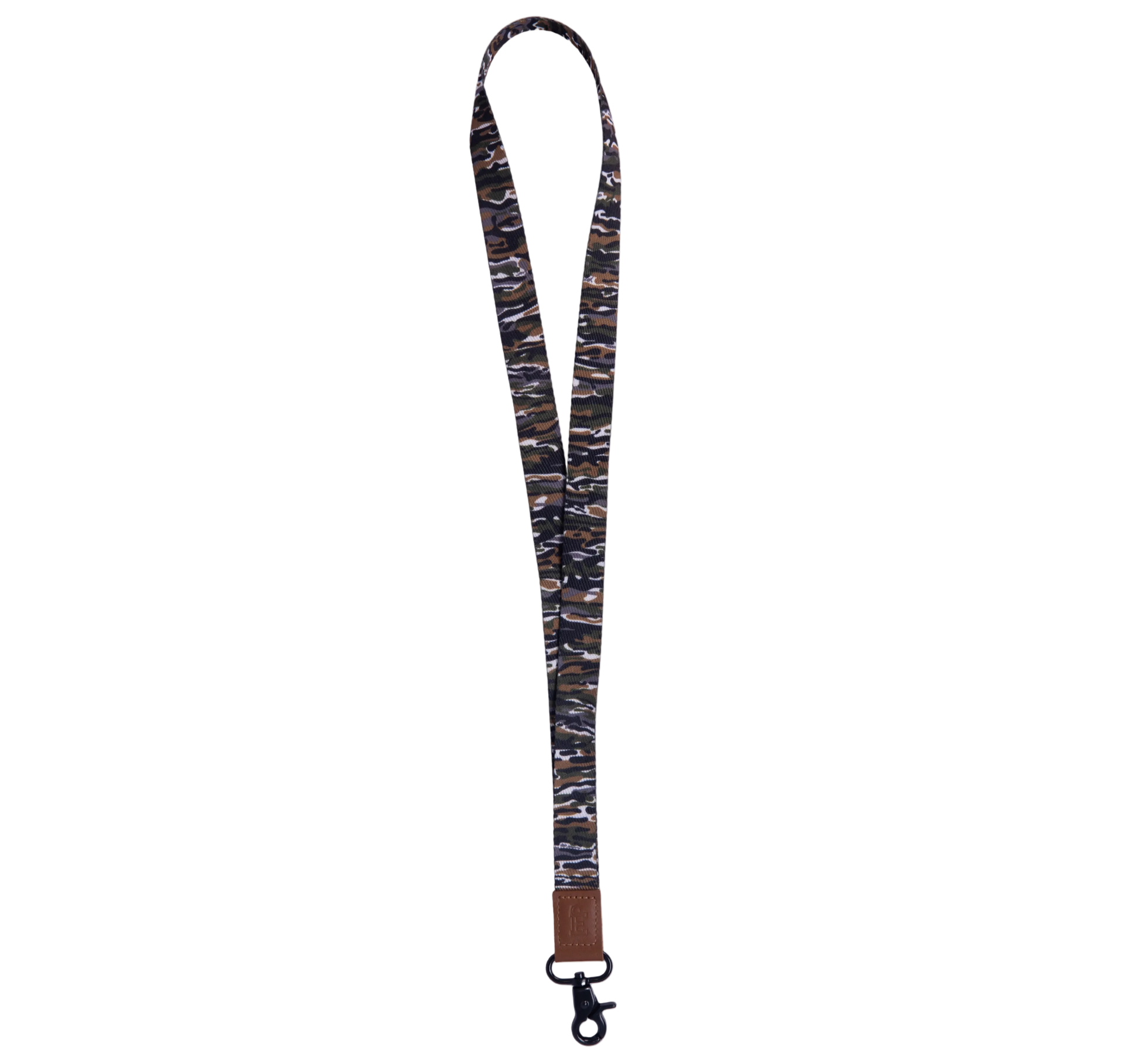 Camouflage patterned lanyard with a brown strap on a white background