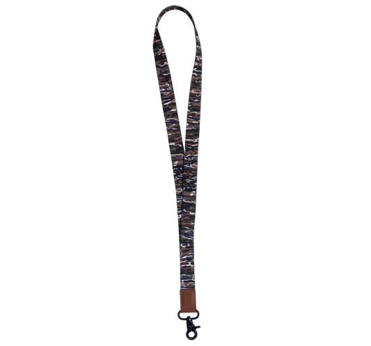 Camouflage patterned lanyard with a brown strap on a white background