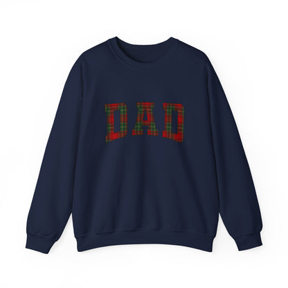 Christmas Plaid Dad Sweatshirt with oversized plaid 'DAD' lettering on black crewneck, perfect for festive occasions.