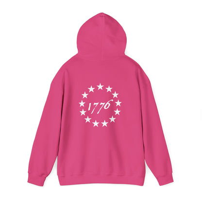 Zero Percent Liberal Hoodie in pink with a 1776 and stars design on the back, ideal for fans of bold, unapologetic conservative fashion.