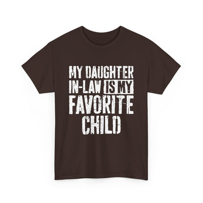 My Daughter In Law Is My Favorite Child Shirt in brown with bold white text, perfect for family humor.
