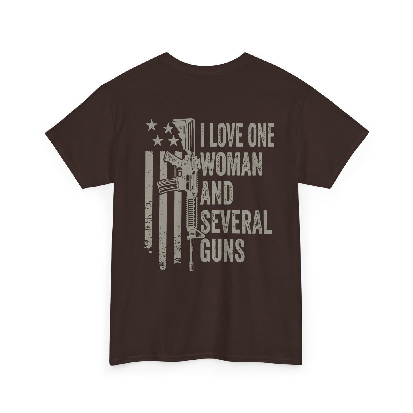 I Love One Woman and Several Guns Shirt design featuring American flag and gun graphics.