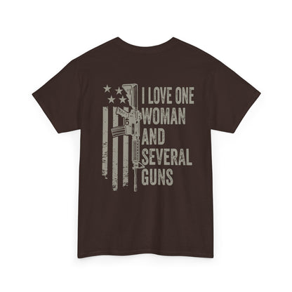 I Love One Woman and Several Guns Shirt design featuring American flag and gun graphics.