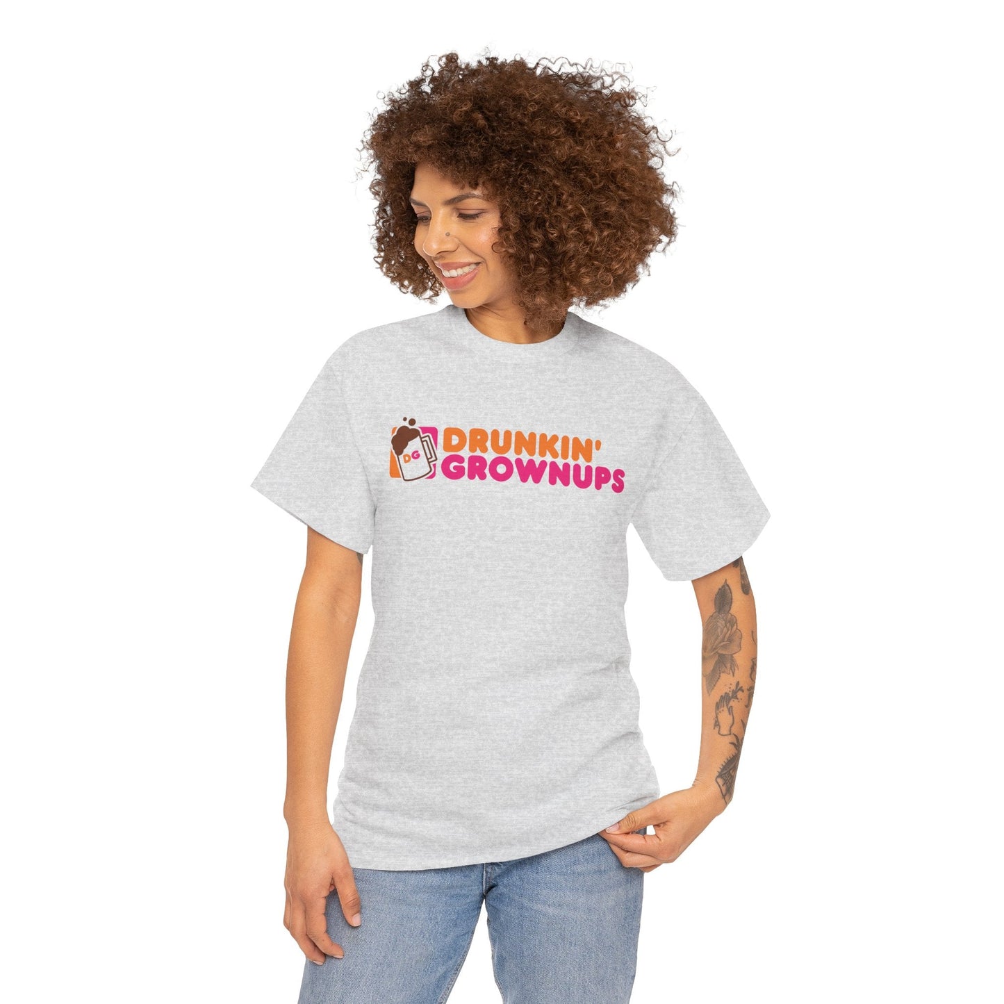 Woman wearing a grey Drunkin Grownups Shirt, featuring a funny party graphic, perfect for tailgates or BBQs.