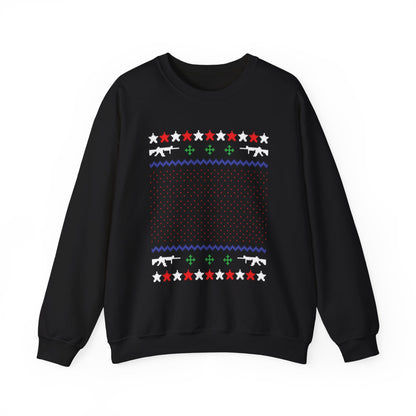 Gun Lover Christmas Sweatshirt featuring rifle silhouettes in a festive pattern.