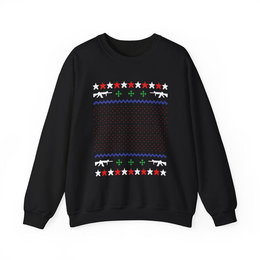 Gun Lover Christmas Sweatshirt featuring rifle silhouettes in a festive pattern.