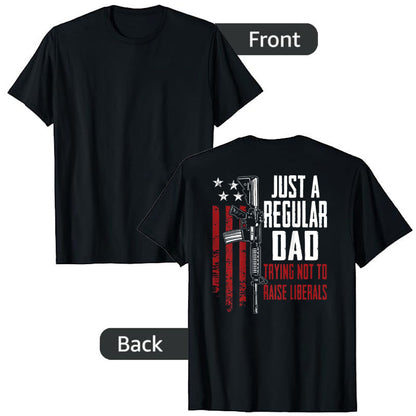 Black t-shirt with graphic design and text on front and back