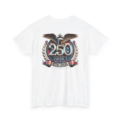 Freedom 250 USA Anniversary Tee celebrating 250 years of American independence, featuring commemorative design with "250" and "1776-2026".