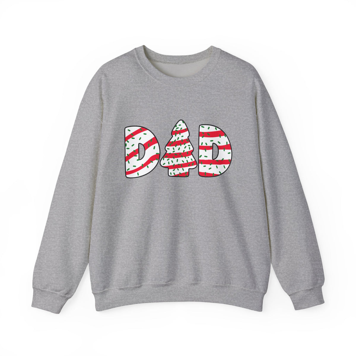 Funny Holiday Chaos Coordinator Sweatshirt featuring icing-inspired 'DAD' letters and a Christmas tree design.
