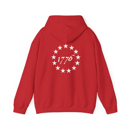 Red Zero Percent Liberal Hoodie featuring 1776 design on back, ideal for fans of bold, conservative fashion statements.