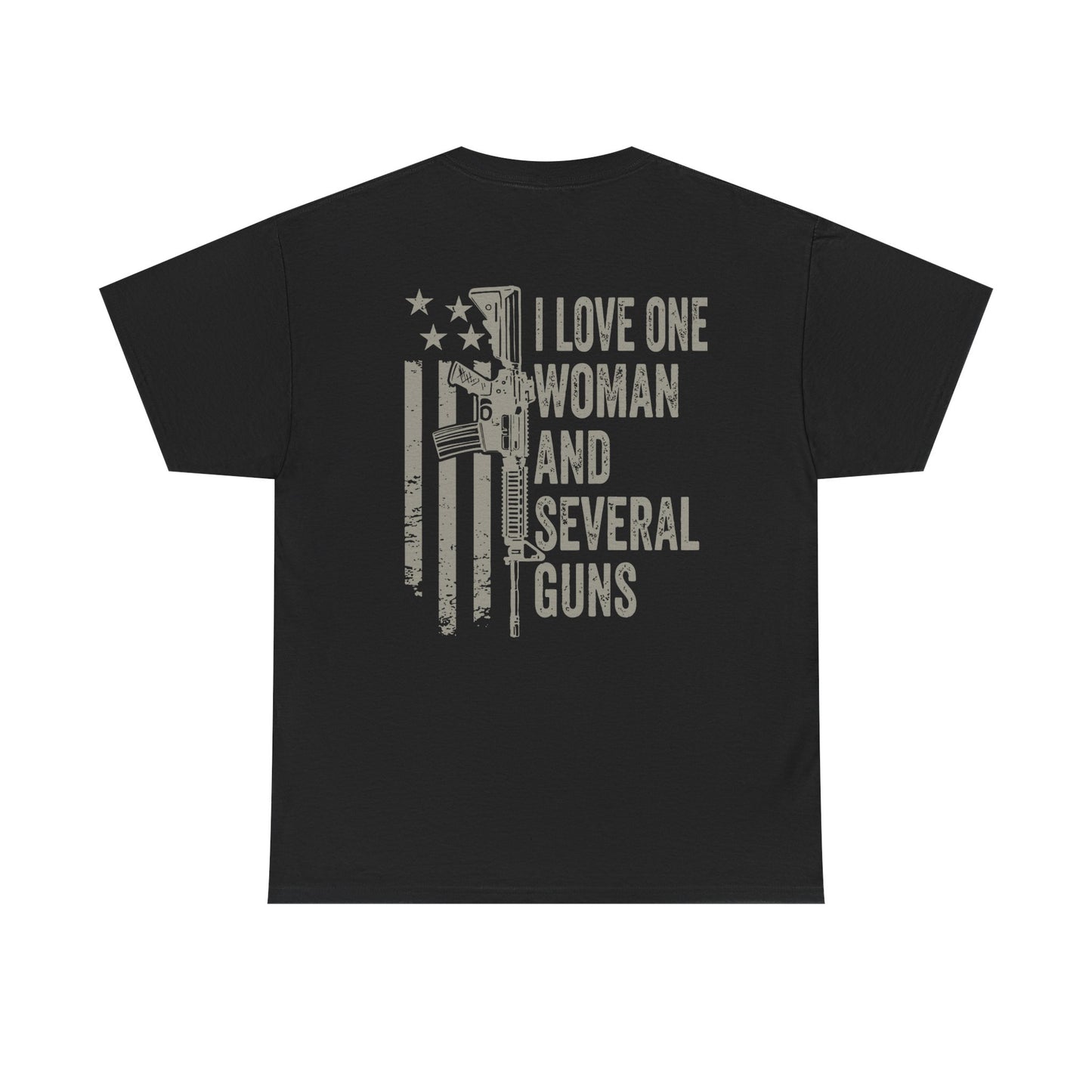 I Love One Woman and Several Guns Shirt with patriotic design on black tee, showing the Second Amendment support.