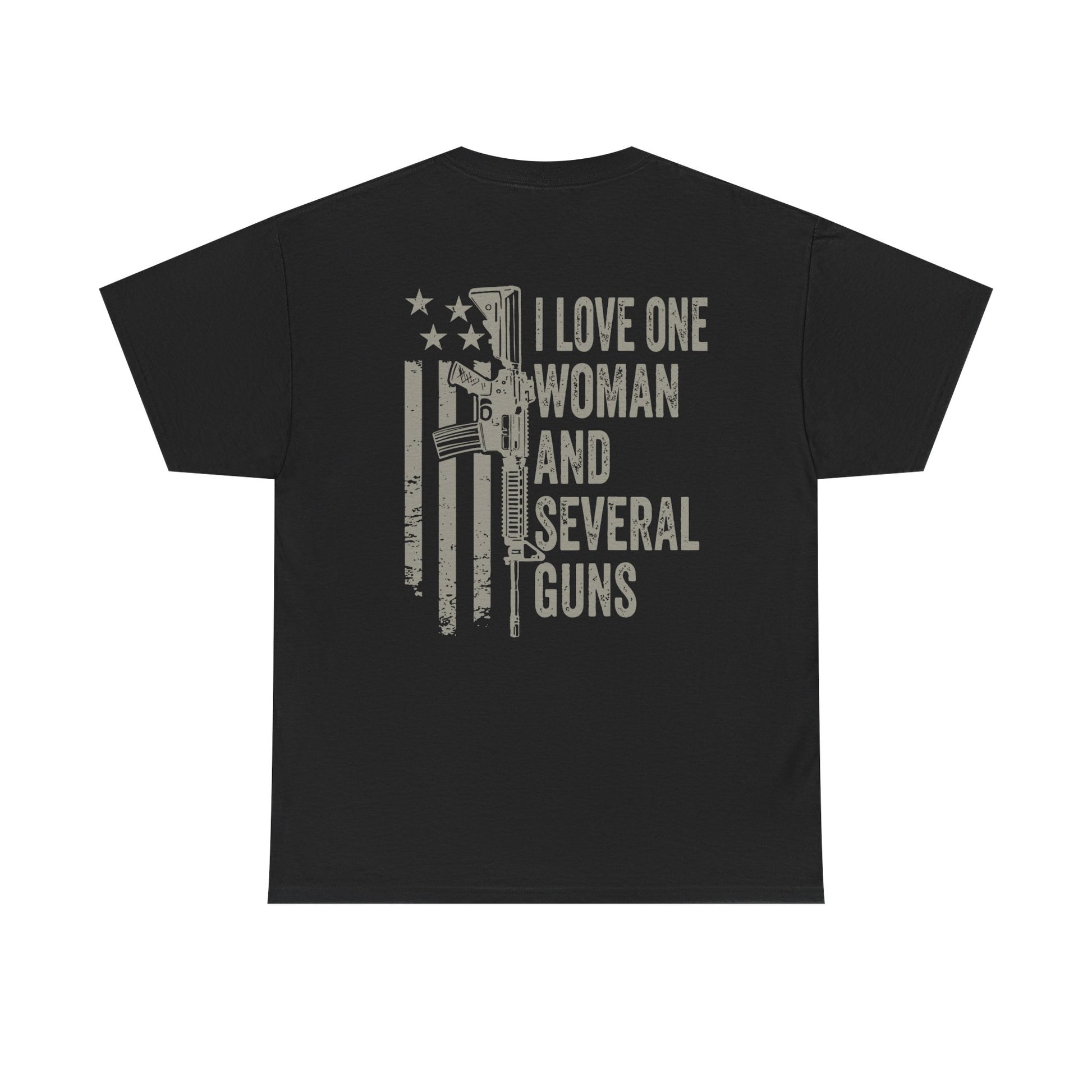 I Love One Woman and Several Guns Shirt with patriotic design on black tee, showing the Second Amendment support.