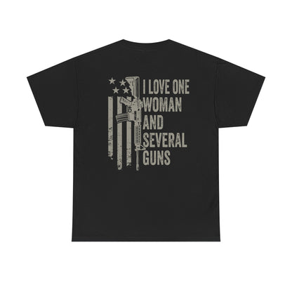 I Love One Woman and Several Guns Shirt with patriotic design on black tee, showing the Second Amendment support.
