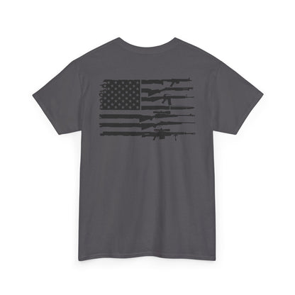 American Flag Gun Shirt featuring a bold design of guns over an American flag on a gray t-shirt.