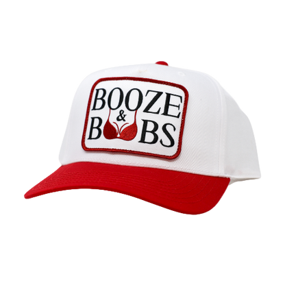 White cap with red brim and 'Booze & BS' logo on a white background