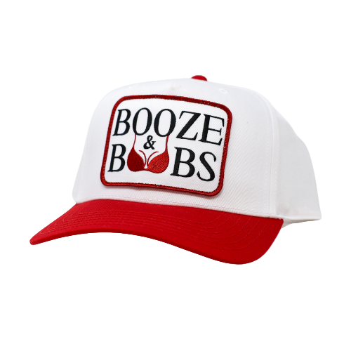 White cap with red brim and 'Booze & BS' logo on a white background