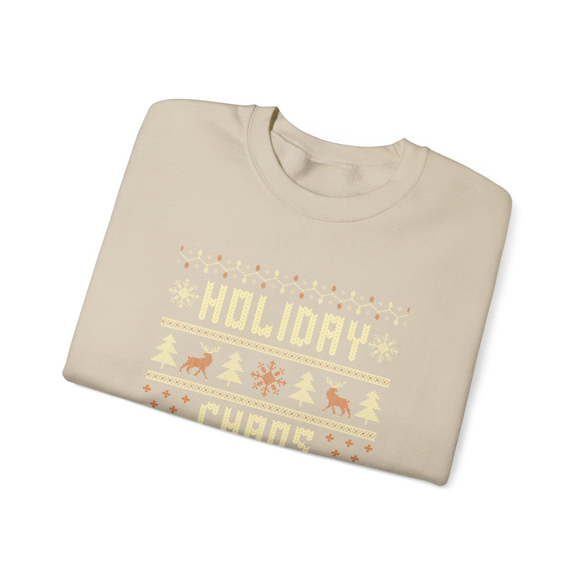 Holiday Chaos Coordinator Sweatshirt displayed in a folded beige crewneck with festive holiday design.