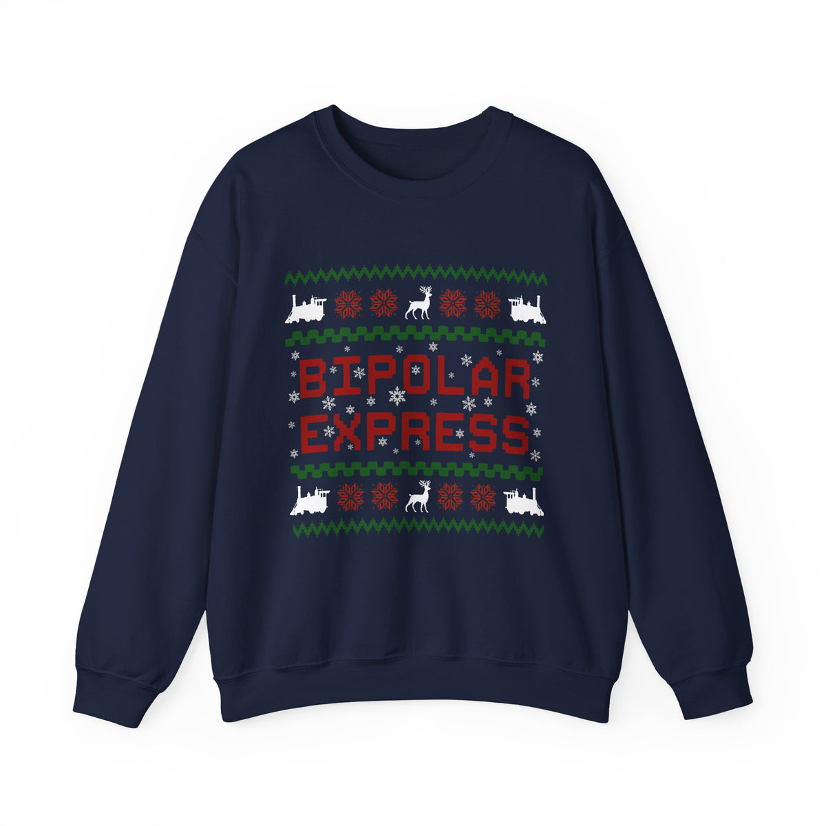 Bipolar Express Sweatshirt featuring a colorful Christmas design with a black background and festive graphics.