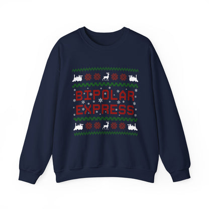 Bipolar Express Sweatshirt featuring a colorful Christmas design with a black background and festive graphics.