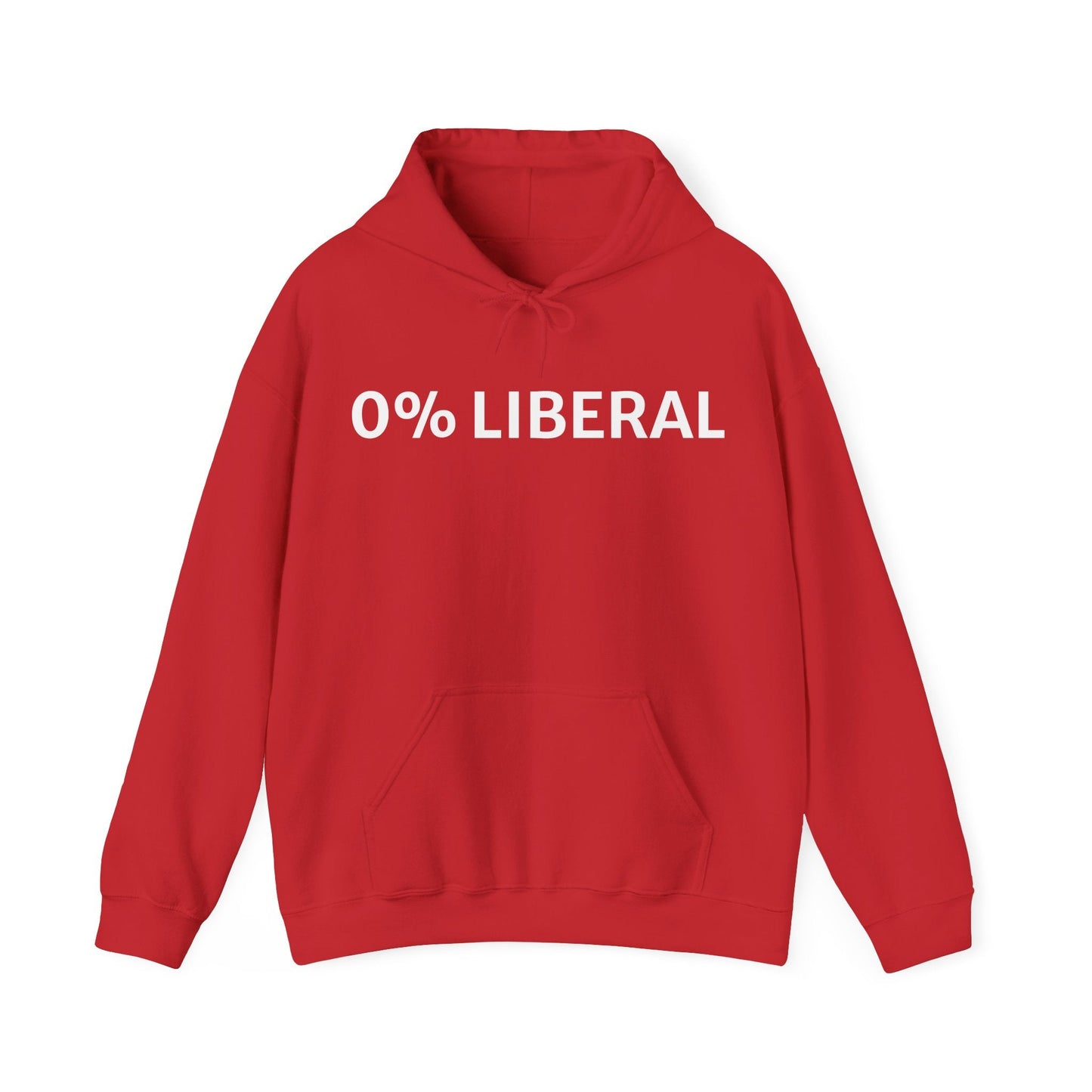 Red hoodie with '0% Liberal' slogan, Zero Percent Liberal Hoodie, funny conservative clothing for bold statements.