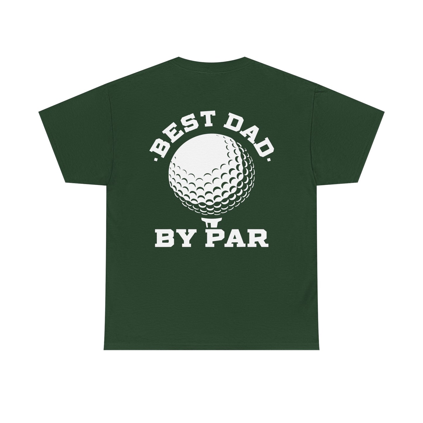 Best Dad By Par Golf Shirt featuring a golf ball graphic and playful text on a green background.