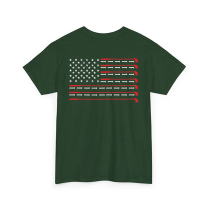 American Flag Golf Shirt with a unique design of golf clubs shaped like the American flag.